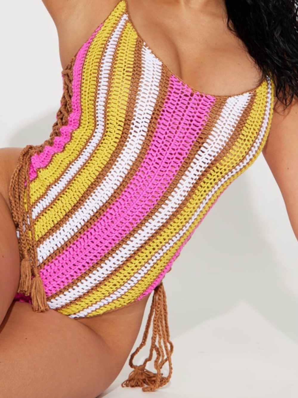 Crochet Striped One-Piece Bikini in Pink, Yellow & Brown
